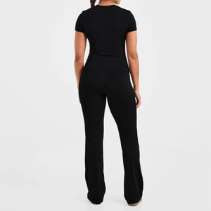T-shirt en tricot noir à manches courtes pour femme, de qualité supérieure, couleur unie, coupe ajustée, respirant, léger, décontracté, toutes saisons - Product Image 5