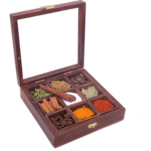 Boîte à épices en bois artisanale en forme de fleur, 7 compartiments, Masala Dabba avec cuillère pour le rangement en cuisine, écologique, vente en gros - Product Image 4