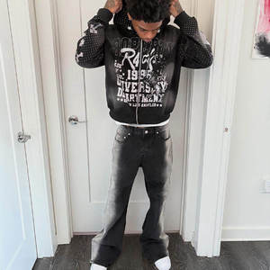 Vintage Washed Heavyweight Cotton Hoodie <b>Mens</b> Oversized Zip-Up Sunfaded Graphic Hoodie with Custom Screen Print and Rhinestone - Product Image 2