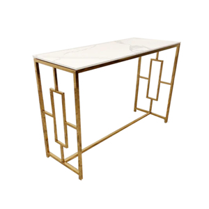 Table console moderne en métal doré avec plateau en bois, design géométrique, table d'appoint en acier pour entrée, salon de luxe - Product Image 3