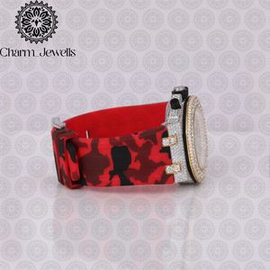 Charm_Jewells Luxury Women's Watch <b>Red</b> Camouflage Leather Band Stainless Steel Case Diamond Encrusted Analog Quartz Movement - Product Image 2