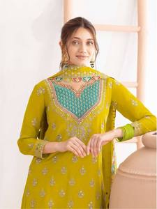 Ensemble Salwar en polyester brodé jaune avec dupatta, coupe classique, tenue traditionnelle indienne et pakistanaise pour femmes, longueur au sol - Product Image 2