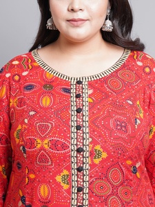 Red Bandhej <b>Print</b> Rayon Anarkali Kurti With Round Neck And Three Quarter Sleeves For Plus Size Women's Fashion - Product Image 4