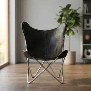 Modern Leather Butterfly <b>Chair</b> Metal Legs <b>Wing</b> Back Living Room Accent <b>Chair</b> Midcentury Style Durable Home Furniture - Product Image 4