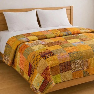Multicolor Patchwork Sari <b>Throw</b> Blanket Handmade Silk Kantha <b>Bed</b> Cover - Product Image 3