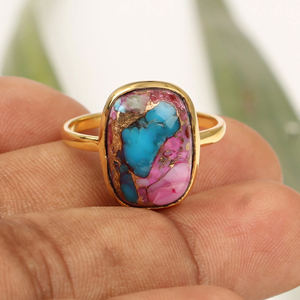 Anillo de Eternidad de Mujer de Plata de Ley 925 Chapado en Oro Dalia Púrpura Cobre Turquesa 10x14mm Cojín Artritis Eternidad Vermeil - Product Image 1