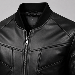 Blouson aviateur en cuir véritable pour homme, style moto, col montant, fermeture éclair, couleur unie, pour l'automne - Product Image 5