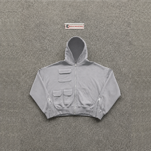 PREMIUM QUALITY GREY OVERSIZED <b>ZIP</b> <b>UP</b> HOODIE WITH UTILITY POCKETS Casual Cotton French Terry HEAVYWEIGHT OVERSIZED HOODIE Autumn - Product Image 5