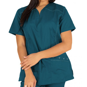 Women's Teal <b>Scrub</b> <b>Top</b> Short Sleeve V-Neck Medical Uniform Hospital Use Cotton Canvas Needle Detection Seamless Fusing - Product Image 1