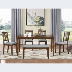 Juego de Comedor de 6 Piezas, Mesa Rectangular de Madera con 4 Sillas Tapizadas y Banco para 6 Personas, Elegante Juego de Comedor - Product Image 2
