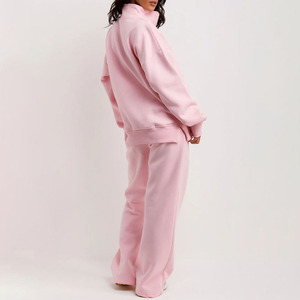 Ensemble de survêtement rose pour femme, demi-zip, manches longues, coupe ample, couleur unie, décontracté, pour l'automne, avec poches latérales - Product Image 3