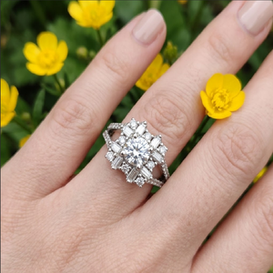 แหวนหมั้นแบบกึ่งภูเขาสำหรับผู้หญิงแหวนเพชรแท้สีทองขาว18K สีทองแท้ - Product Image 3