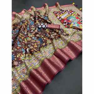 DISEÑADOR DOLA SEDA JACQUARD TEJIDO TRABAJO SAREE CON BLUSA DESCOSTADA CAFÉ - Product Image 1