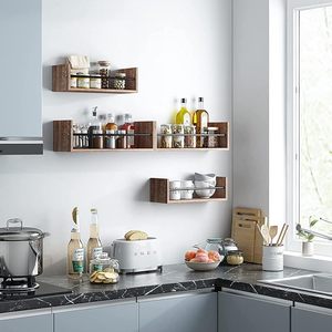 Étagère murale flottante en bois brun rustique avec support en métal noir, étagère murale décorative moderne pour la décoration du salon - Product Image 4