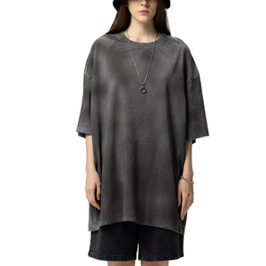 T-shirt vintage rétro pour femmes et jeunes filles, robe courte en jersey tendance, teinture inversée, effet délavé, épaules tombantes, printemps-été, modèle uni - Product Image 2