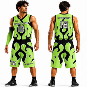 SINEWY Men's Basketball Jersey Set Green Black Flame Print Sublimated Sleeveless V-Neck Moisture Wicking Athletic Uniform - Product Image 1