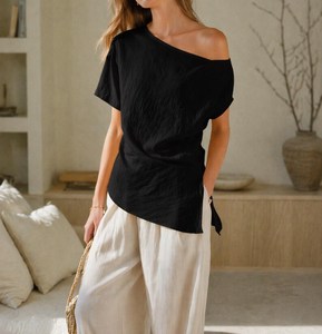 Blusa Blanca de Rayón Vintage con un Solo Hombro, Manga Corta, Asimétrica, Holgada, Minimalista, Transpirable, para Primavera, Verano e Invierno - Product Image 2