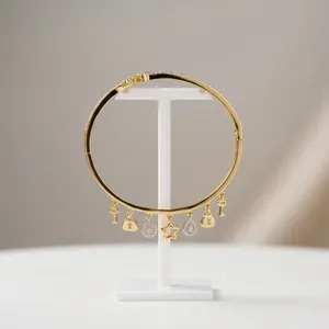 Cute Gold Plated Bezel Set Charm Bracelet with Zircon <b>Key</b> <b>Lock</b> <b>Star</b> Flower Pendant Unisex Fashion Bangle Jewelry Party Gift - Product Image 3