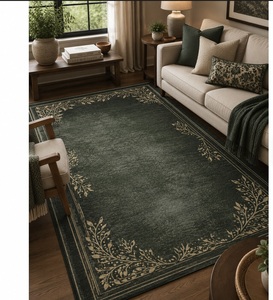 Tapis d'intérieur vintage à poils plats, motif feuille, en laine/soie, fabriqué à la machine, tufté à la main, avec bordure verte, antidérapant en latex, pour chambre et salon - Product Image 2