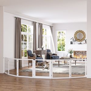 White 6-Panel Folding Wooden Pet Gate for Small Medium <b>Dogs</b> Solid Pattern Safety Barrier Support Feet <b>Button</b> for Indoor Use - Product Image 2