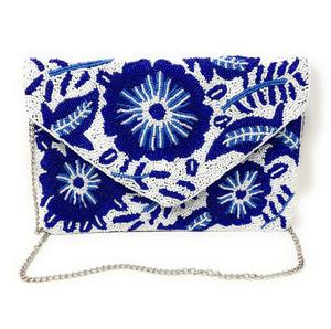 Handmade <b>Blue</b> Floral Embroidered Cotton <b>Purse</b> with Beaded Design and Button Closure - Product Image 4