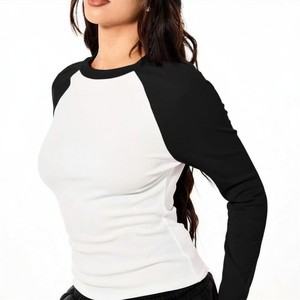 Trendy Women's White And Black <b>Raglan</b> Sleeve Crew Neck Long Sleeve T-Shirt Slim Fit Casual Knitted Cotton <b>Top</b> All Seasons Shirts - Product Image 4