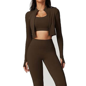 Ensembles d'entraînement haut de gamme pour femmes, 3 pièces : leggings sans couture taille haute, crop top et veste, tenue de sport et yoga extensible - Product Image 5