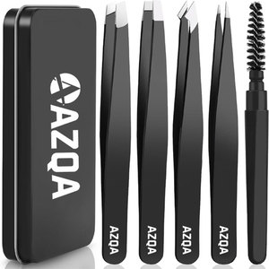 Ensemble professionnel de 4 pinces à épiler en acier inoxydable avec revêtement noir, pointes inclinées et brosse à cils au design personnalisé - Product Image 1