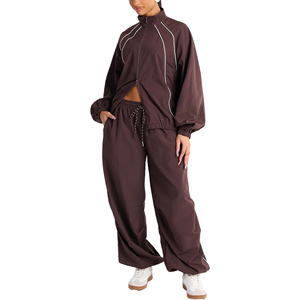 Women's brown windbreaker Waterproof Tracksuit set <b>Zipper</b> <b>Top</b> Jacket loose Pants white line piping windbreaker set modern women - Product Image 1
