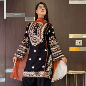 Elegant <b>Black</b> Embroidered Rayon Cotton Kurti Set with Farshi <b>Pant</b> & Georgette Dupatta – Fully Stitched Ready to Wear - Product Image 1