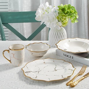 Luxury Marble Porcelain <b>Dinnerware</b> Nordic Style Elegant White Gold Veined Plate Bowl Gold Scalloped Rim formal dining wedding - Product Image 4