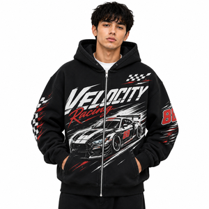 Sudadera con capucha deportiva para hombre, con gráficos de carreras, de algodón negro, forro polar, con cremallera, oversize, con logo personalizado, para otoño/invierno, OEM, al por mayor - Product Image 1