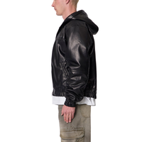 Veste d'hiver pour homme en cuir véritable noir, style streetwear, coupe oversize, à capuche, fermeture éclair frontale, poignets et ourlet côtelés, mode personnalisée haut de gamme