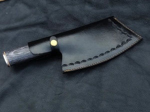 Cuchillo de carnicero hecho a mano de acero de Damasco, espiga completa, mango de madera negra y gris, funda de cuero genuino, estilo vintage - Product Image 5