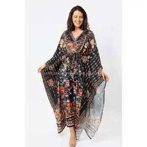 Digitale Bedrukte Kaftan Kamerjas Cadeau Voor Vrouw Natuurlijke Zijden Lounge Kleding Kaftan Trouwjurk