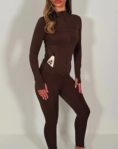 Women's Brown Full Length Yoga Set With Zipper Closure High Waist Leggings And Long Sleeve <b>Top</b> <b>Sweat</b> Wicking Spandex Polyester - Product Image 4
