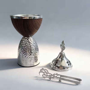 Wholesale Modern Walnut Wood Gold <b>Silver</b> Metal Bakhoor <b>Burner</b> Hammered Base Dome Top Arabian Mabkhara Goblet Shape Oud Incense - Product Image 4