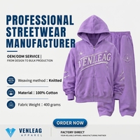 Setelan Training Pria Rajut Katun 100% OEM Musim Gugur Bernapas 400g Tanpa Jahitan Motif Bintang Hoodie Resleting Celana Panjang Lebar
