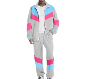 Conjunto Deportivo Gris para Hombre, Manga Larga, Cierre de Cremallera, Diseño Color Block, Estilo Urbano, Pantalones Joggers, Primavera, Casual, Cuello Camisero - Product Image 1
