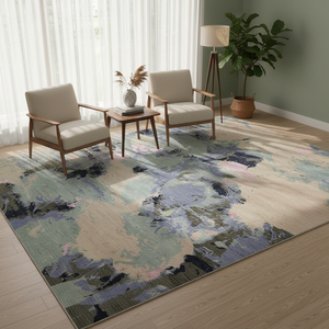 Alfombra Moderna Abstracta de Lana con Diseño de Acuarela, Azul Cielo, Rosa Pálido, Beige Arena, con Brillo Sedoso, para Sala de Estar Contemporánea - Product Image 1