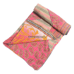Indian Handmade Block Print Kantha <b>Quilt</b> Bedspread Bedding Set Indian Reversible Hand Stitched Heavy <b>Throw</b> Old Sari Blanket - Product Image 2