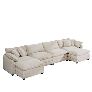 Divano Cloud Comfy Morbido Beige Chiaro per Soggiorno, Imbottito a 4 Posti a Forma di U Modulare con 2 Pouf in Tessuto Corduroy - Product Image 5