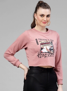 Sudadera Corta Estampada Moderna para Mujer, Cuello Redondo, Manga Larga, Informal, Color Rosa, Tejida, para Otoño - Product Image 5
