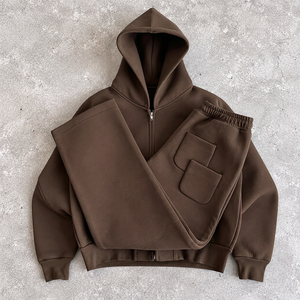 Ensemble de survêtement unisexe gris à capuche avec fermeture éclair intégrale, sweat-shirt et pantalon en coton, couleur unie décontractée, coupe ample, pour l'automne - Product Image 4