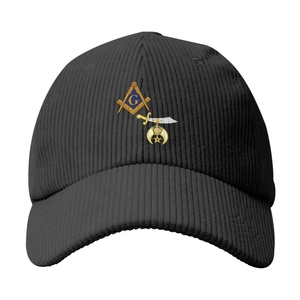 Casquette de baseball en velours côtelé noir personnalisée en gros, avec emblèmes Maître Maçon, Compas et Équerre, G Shriners, et visière courbée, style Dad Hat - Product Image 1