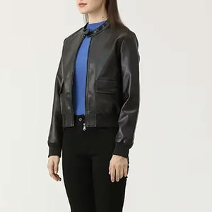 Blouson moto en cuir et peau lainée pour femme avec ceinture, col montant, chaud pour l'hiver, manches longues, style court - Product Image 2