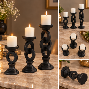 Decorative <b>Black</b> <b>Candle</b> <b>Holder</b> Set of 3 with Linked Ring Design for Table Decor | Modern Pillar <b>Candle</b> Stands for Home and Gifts - Product Image 2