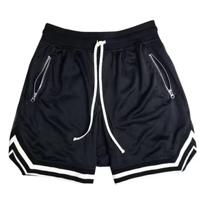 Men's Black Mesh Drawstring <b>Shorts</b> <b>with</b> <b>Zip</b> <b>Pockets</b> Casual Style Mid Waist Breathable Polyester Embroidery 180g - Product Image 2
