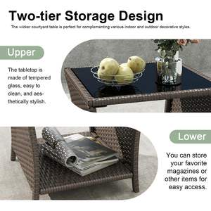 Table de patio extérieure compacte PPL avec plateau en verre trempé et étagère de rangement – Mobilier en osier durable pour balcon ou véranda - Product Image 2