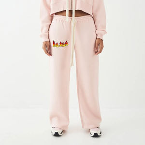 Pantalon tricoté rose à jambes larges pour femme, taille haute élastique, coupe ample, longueur intégrale, décontracté, couleur unie, respirant, prix abordable - Product Image 1